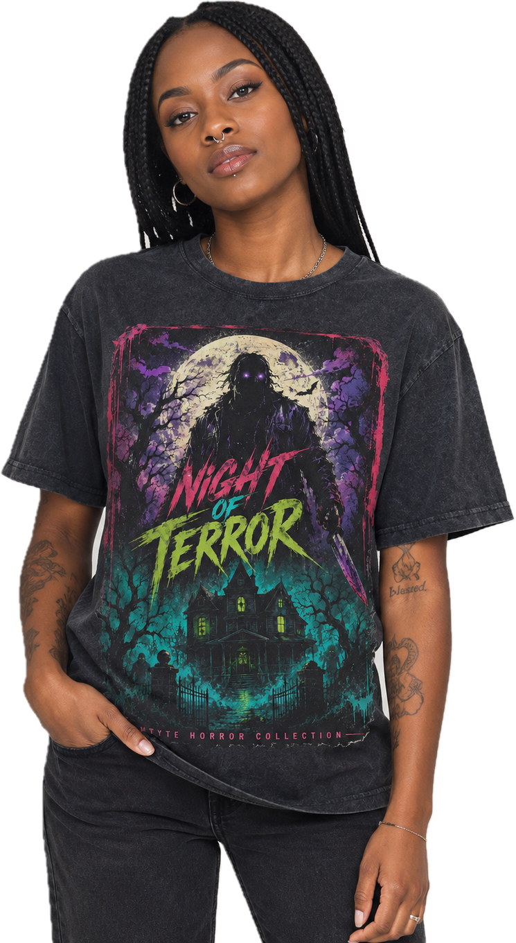 Night of Terror Horror T‑Shirt — Retro Haunted House Graphic Tee